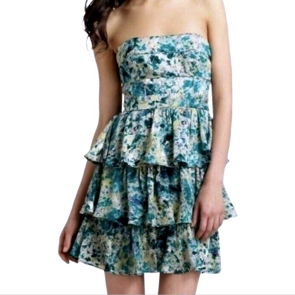 Cynthia Steffe Strapless Tiered Ruffle Dress Abstract Print Teal Yellow Size 4
